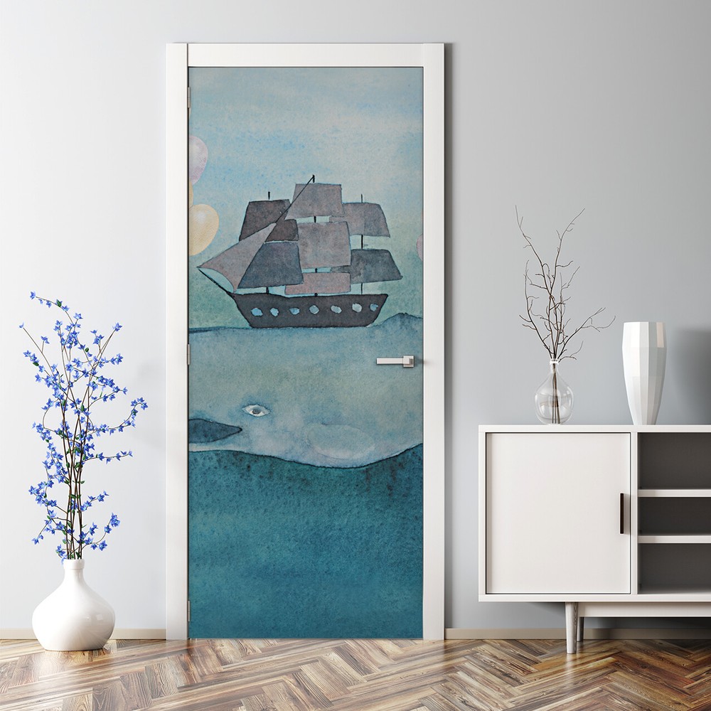 Whale with a ship Bubble Free Door sticker Watercolour Colourful Decal Decor
