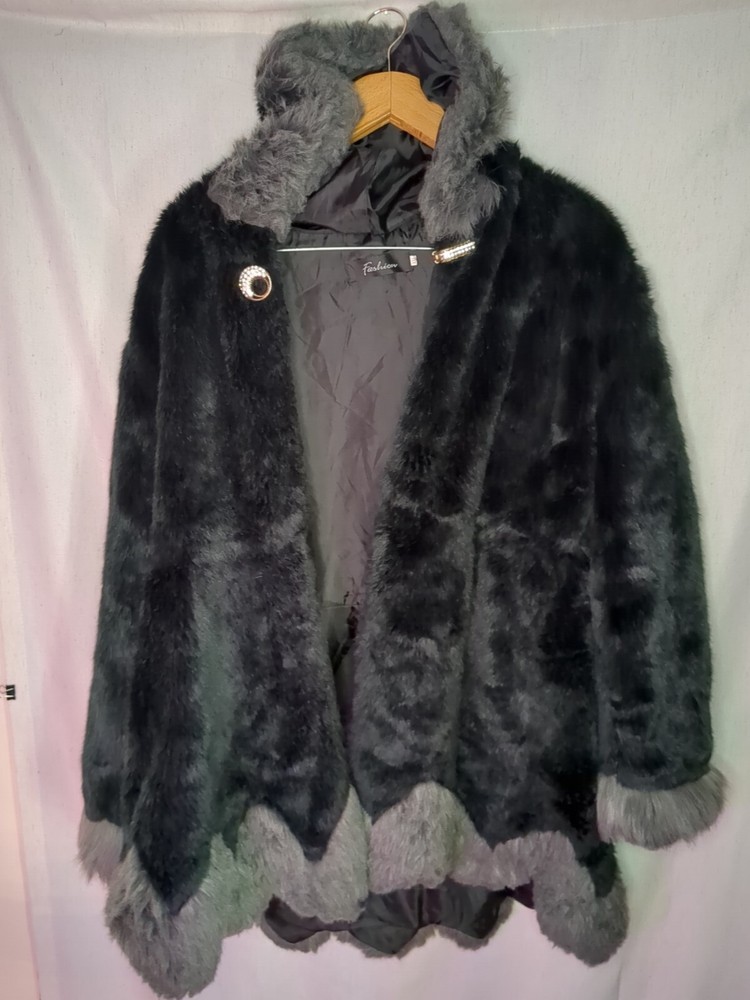 FASHION Faux Fur Black Grey Hooded Coat Overcoat  Long Sleeve 2XL