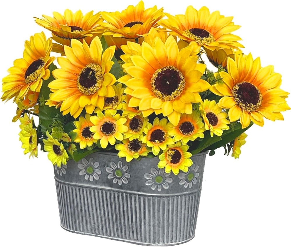 Artificial Sunflower Arrangement in Metal Basket – Realistic Faux Sunflower Pl