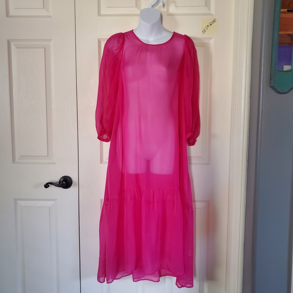 Ali Golden Sheer Peasant Dress Neon Pink 3/4 Sleeves Relaxed Fit Bohemian Grunge