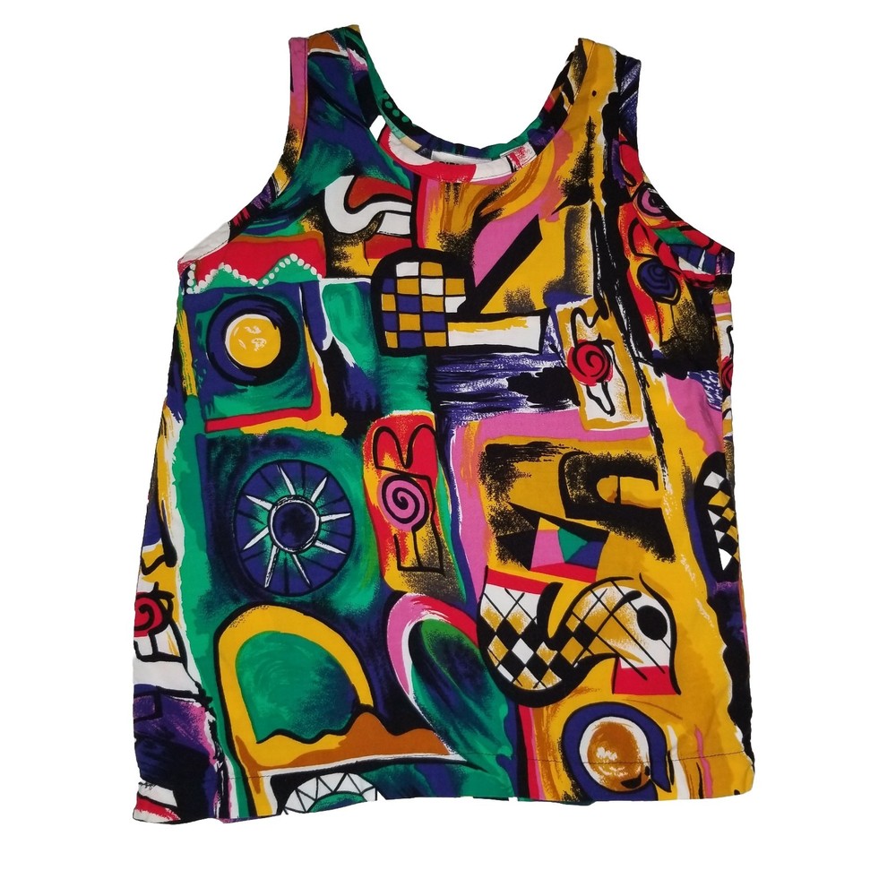 Vintage 80s Gitano Colorful Abstract Tank Top Geometric Graffiti Pop Art Small-image