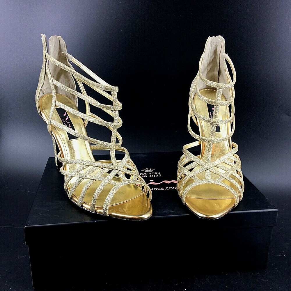 Nina Medina Platino Baby Gold Glitter Heels Sandals Strap Heels Women's Shoes 10
