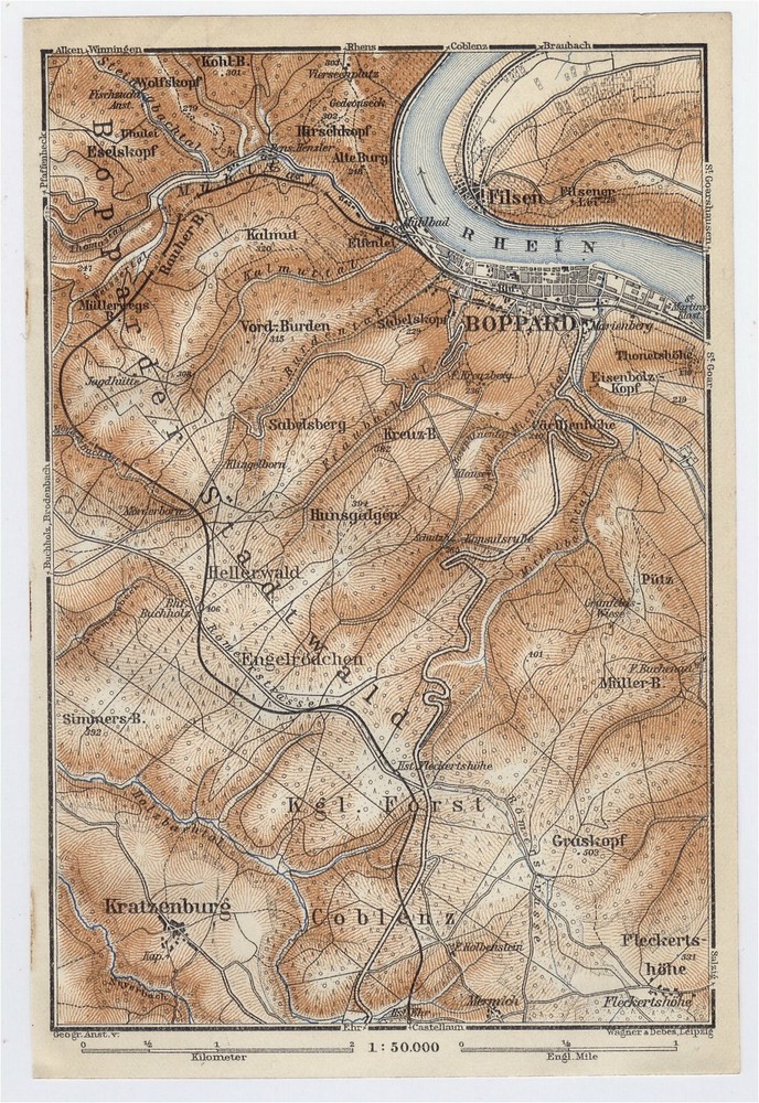 1911 Antique Map Of Vicinity Of Boppard / Germany