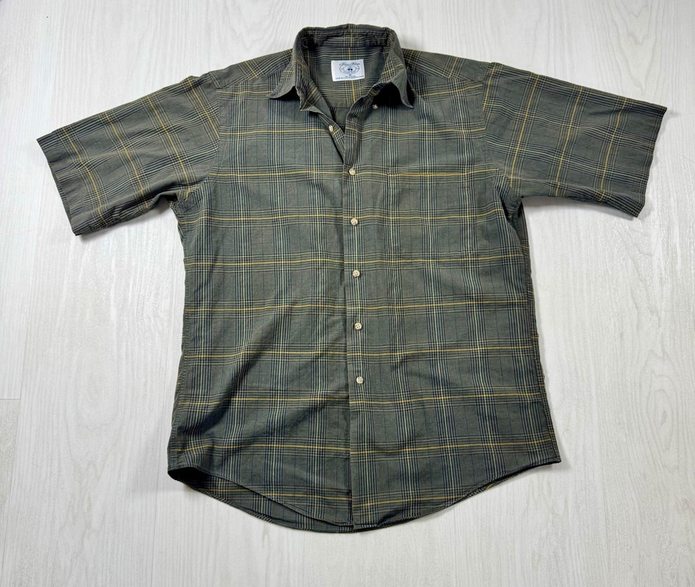 Vintage Brooks Brothers Mens Medium Olive Green Brown Plaid Button Down Shirt