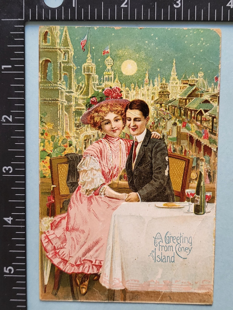 vintage coney island postcard romantic courting dinner scene