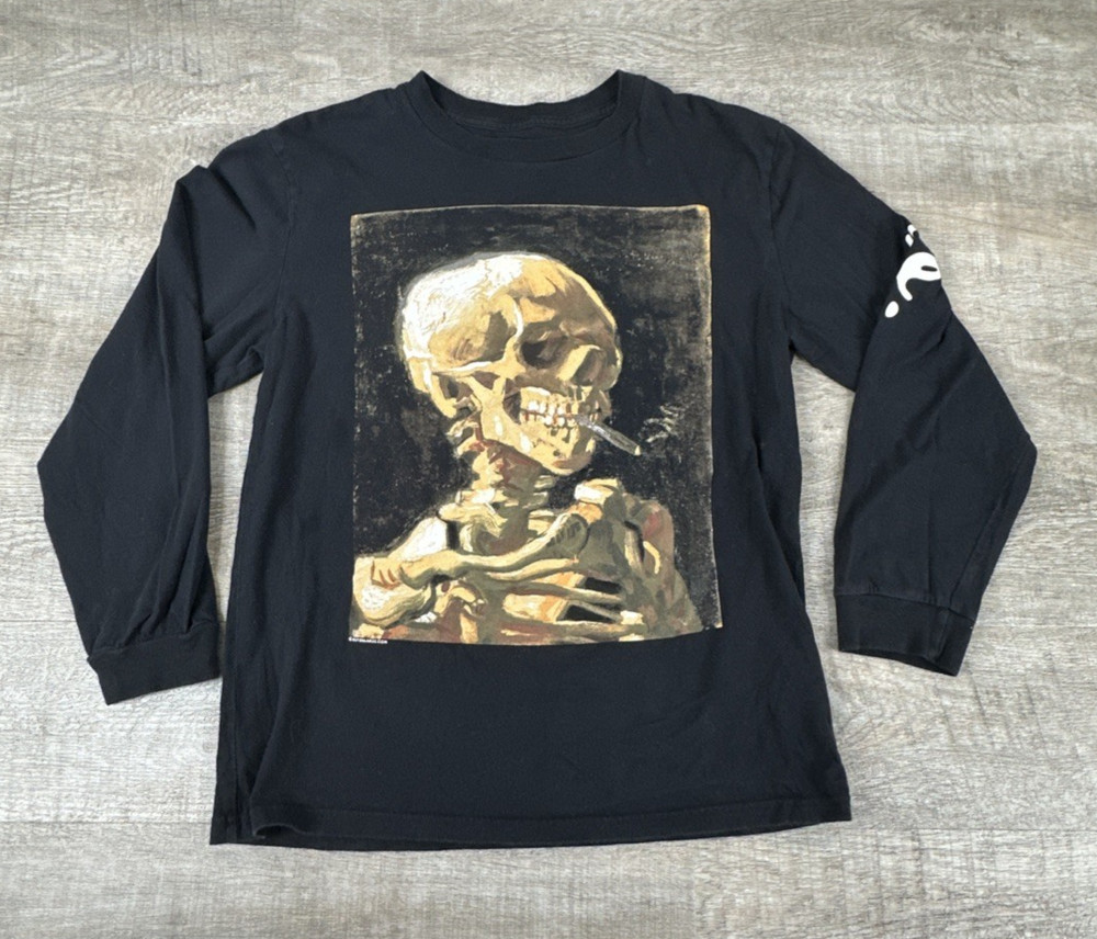 Hollister Men's Long Sleeve Graphic Shirt Van Gogh Smoking Skull Black Size S