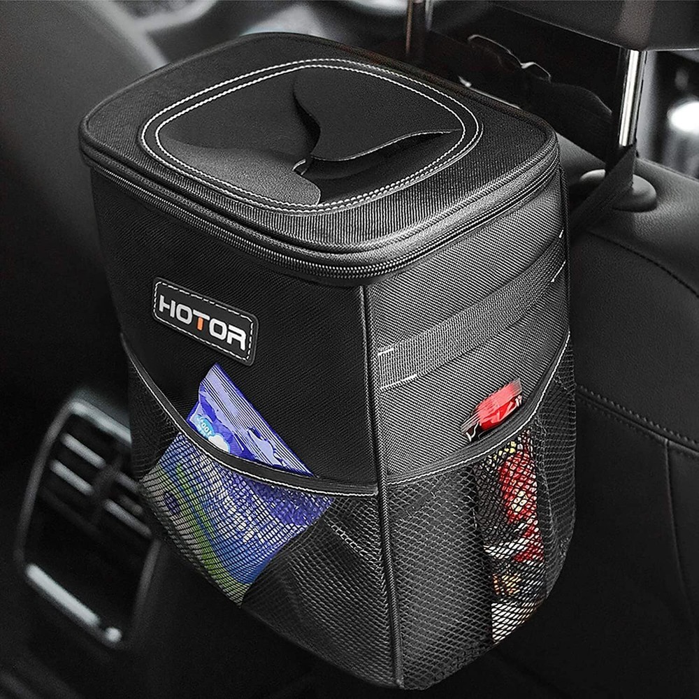 Car Trash Can with Lid and Storage Pockets - 100% Leak-Proof Organizer, Water...