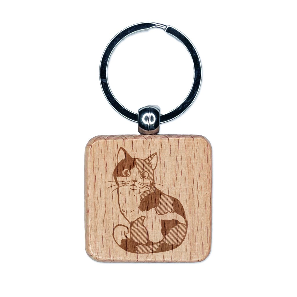 Cute and Curious Spotted Calico Cat Engraved Wood Square Keychain Tag Charm