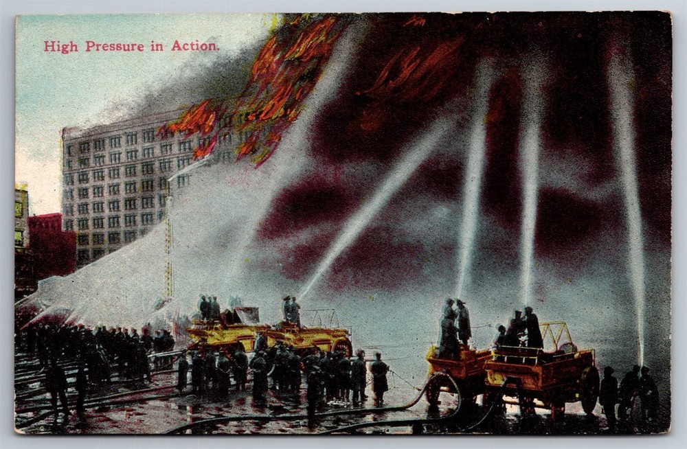 High Pressure Water Hoses In Action Fire Fighters Wagons Postcard Z17