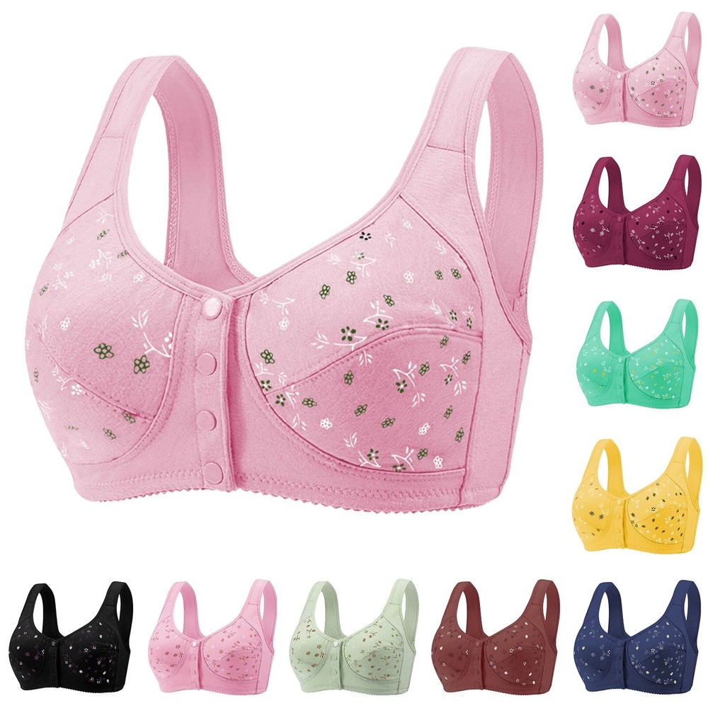 Women Full Cup Print Thin Underwear Plus Size Front Button Wireless Sports Lace