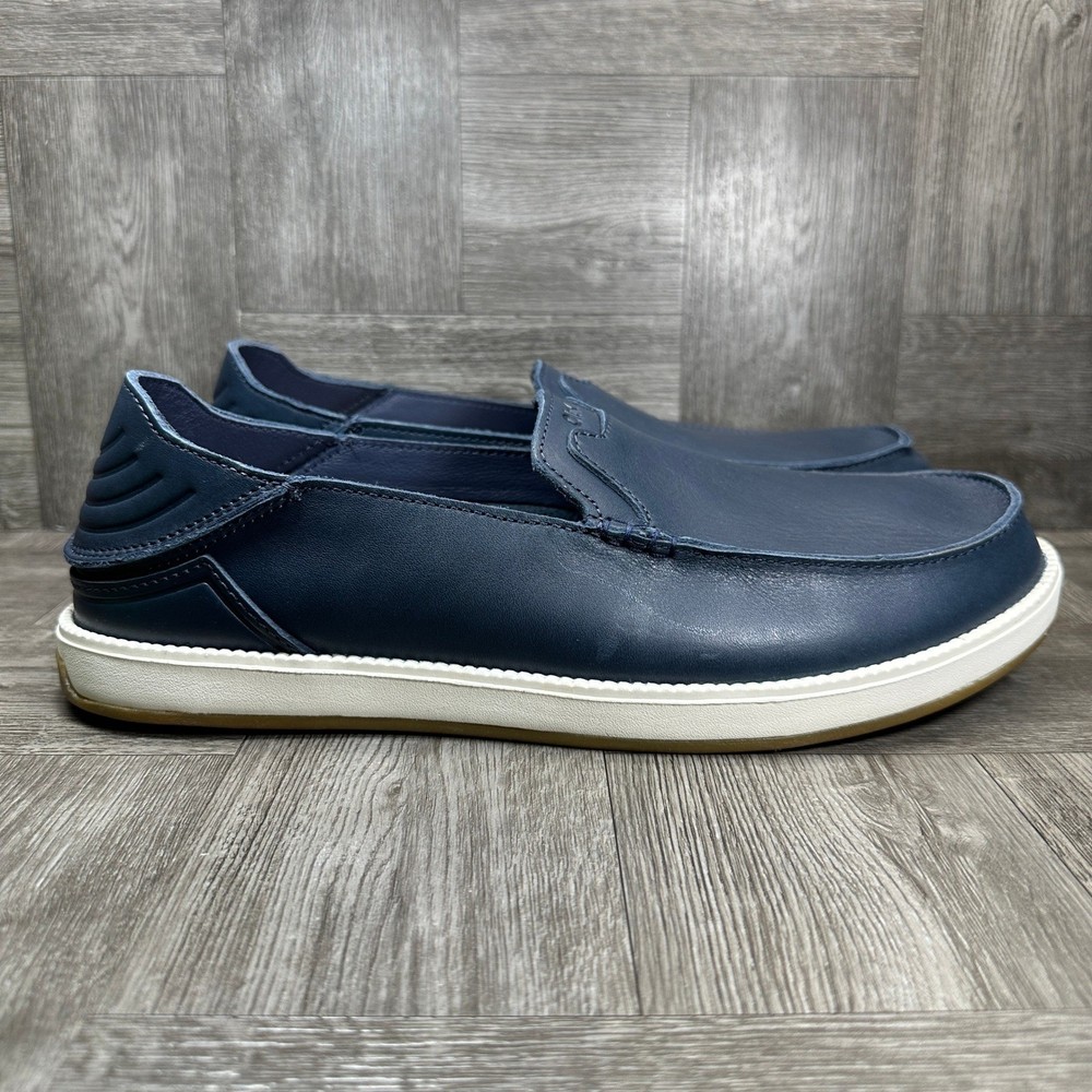 OluKai Kakaha Nia Mens 10.5 Navy Blue Leather Slip On Loafers NEW