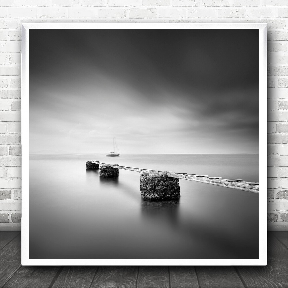 Monochrome Seascape Pier Jetty Stone Water Calm Greece Square Wall Art Print