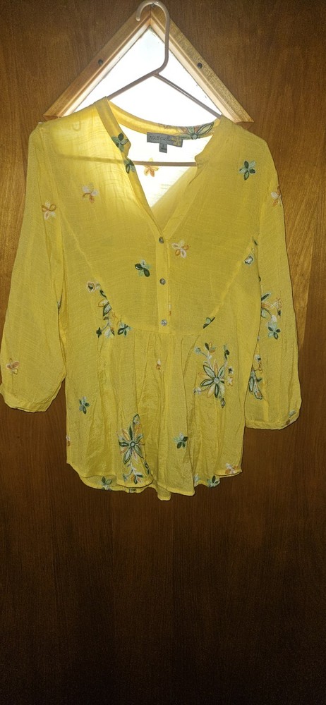 Anthropologie Fig And Flower Yellow Embroidered Floral Boho Top Sz L