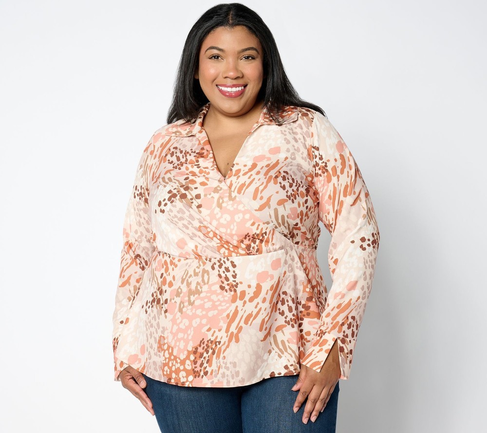 Isaac Mizrahi Live! Women's Top Sz L Woven Crepe Peplum Blouse Brown A655442