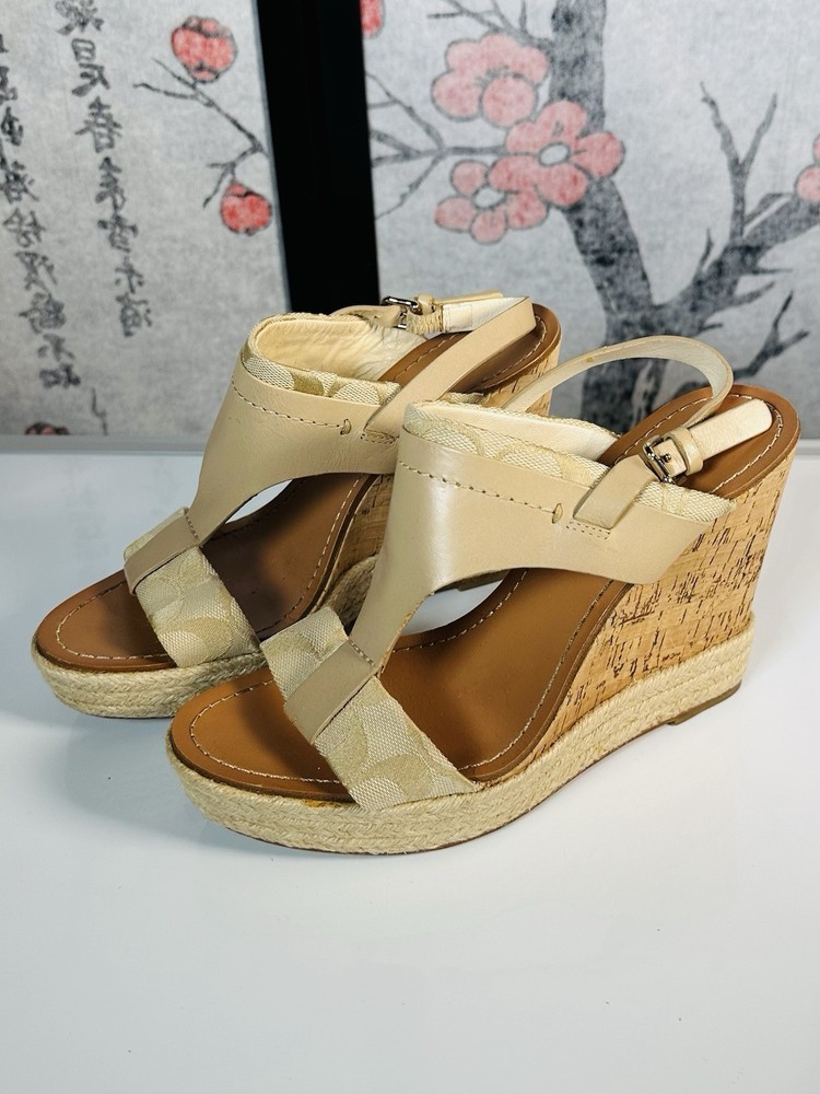 COACH Leather Tan Beachwood Cork Wedge Ankle Strap Sandals Sz 7.5