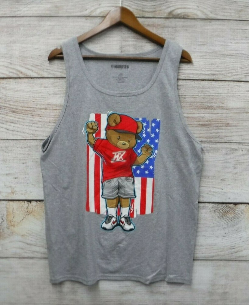 Hard Ten Shirt Mens Size Large Grey Hipster Flag Bear Graphic Tank Top Tee New
