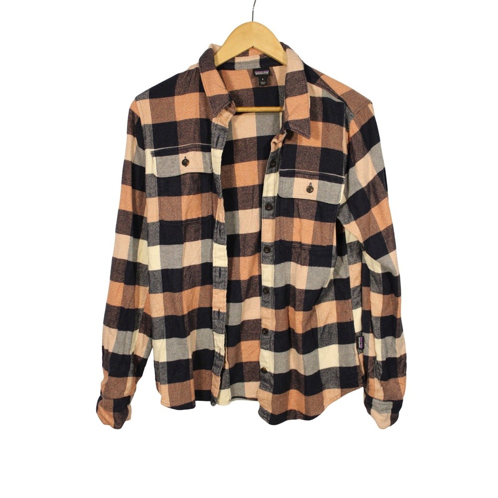 Patagonia Fjord Flannel Shirt Womens Small Organic Cotton Plaid Button Down Navy
