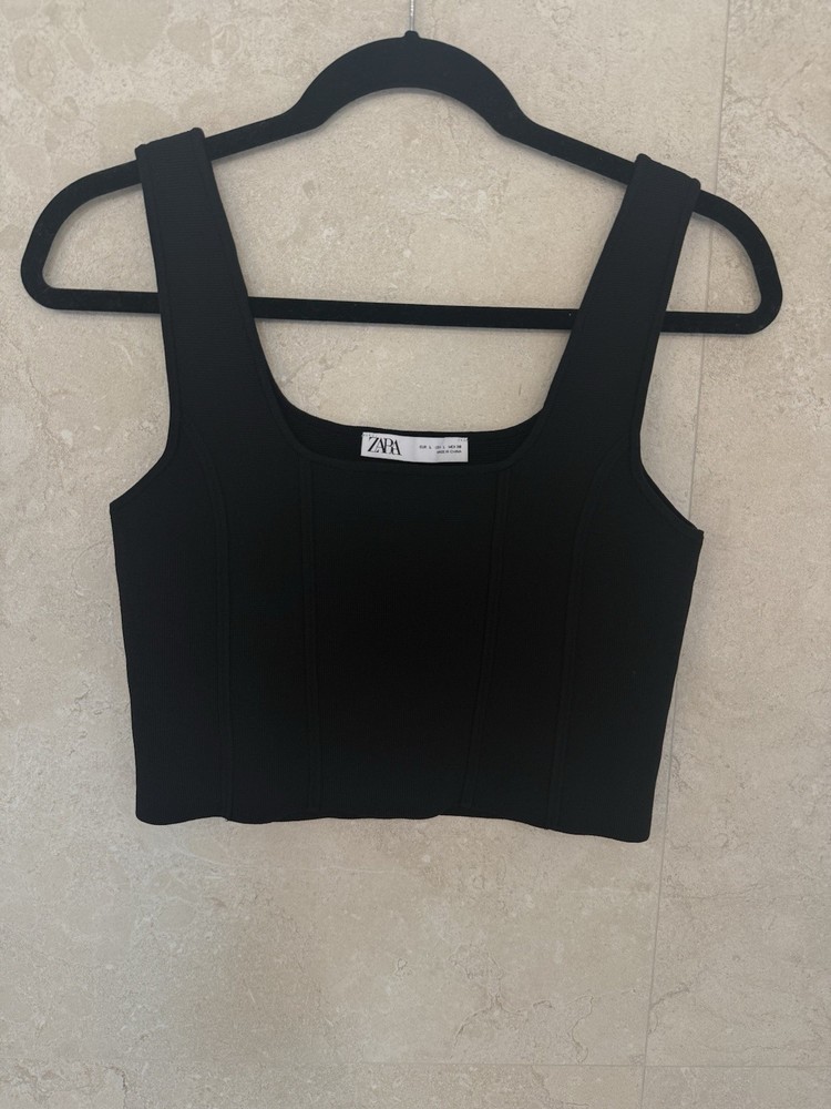 Zara Black Ribbed Knit Cotton Cropped Tank Top Square Neck Stretch L
