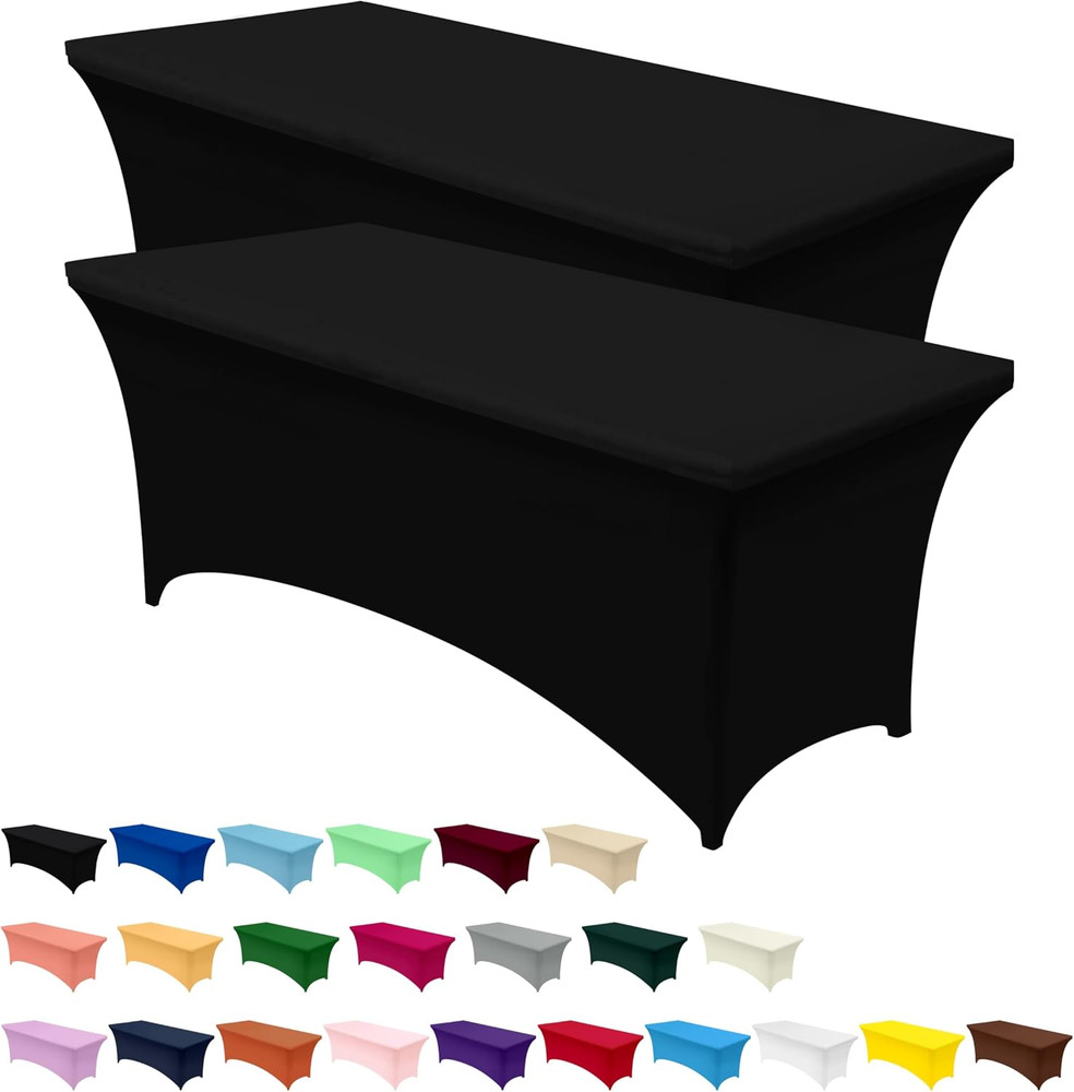 Spandex Tablecloth 2 Pack [6FT, Black] Tight, Fitted, Washable and Wrinkle Resis