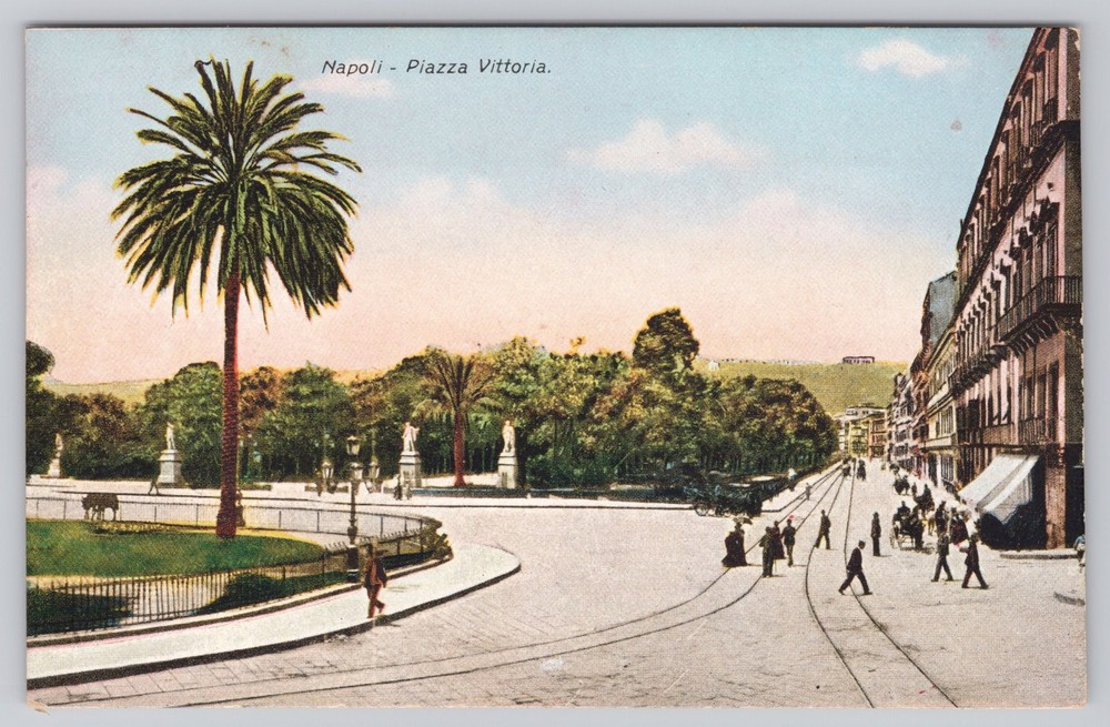 Naples Italy Piazza Vittoria Palm Tree Street View Napoli Postcard c. 1910s
