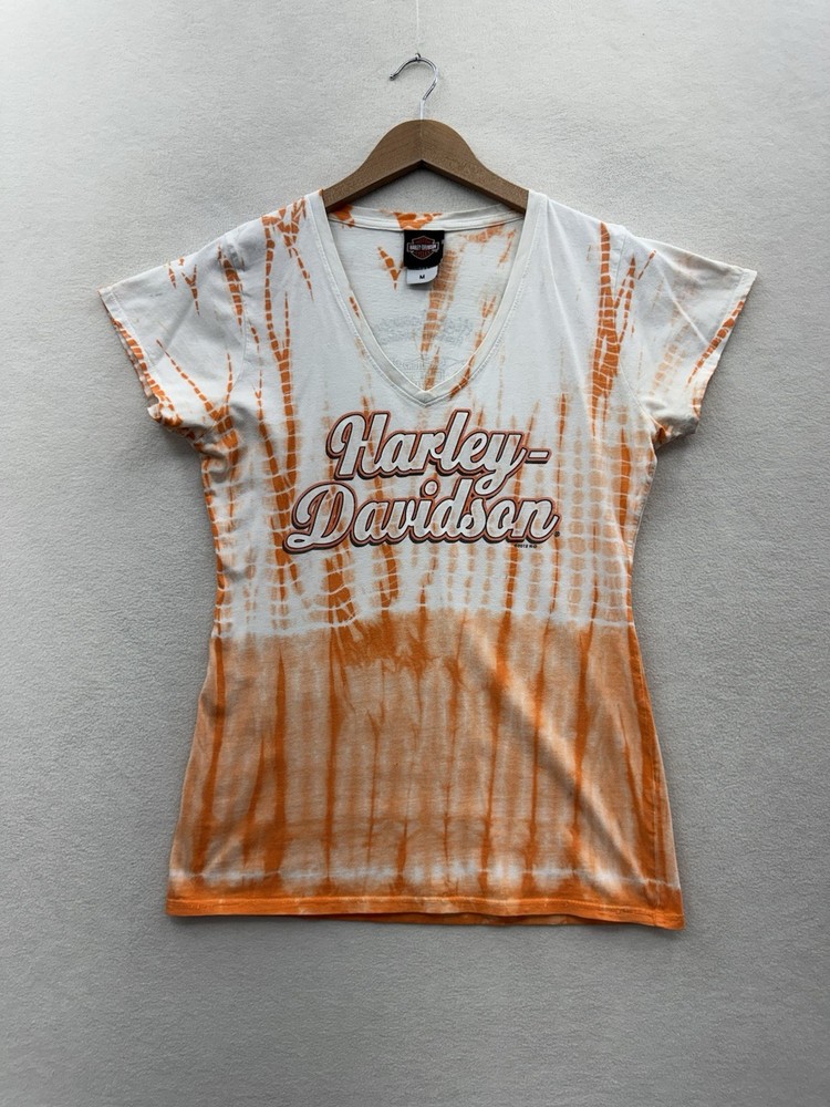 Harley Davidson Women’s Medium Orange White Tie Dye V-Neck Short Sleeve T-Shirt
