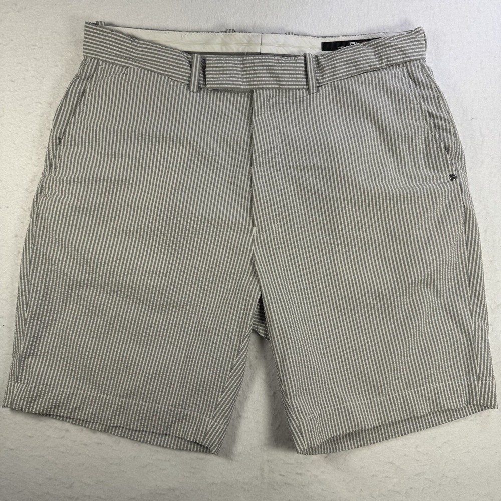 RLX Ralph Lauren Men’s Large Grey White Striped Seersucker Golf Shorts 9”