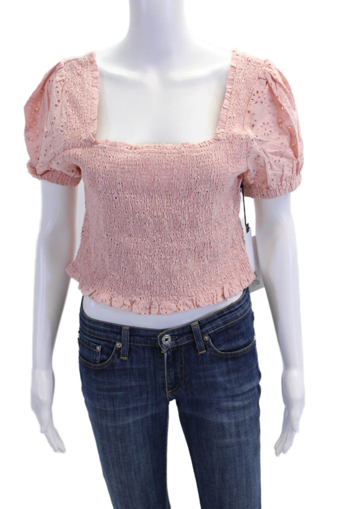 ASTR Womens Short Sleeve Smocked Square Neck Eyelet Top Pink Cotton Size MediumFree Shipping in US $100+ Orders | $6.95 Orders Below