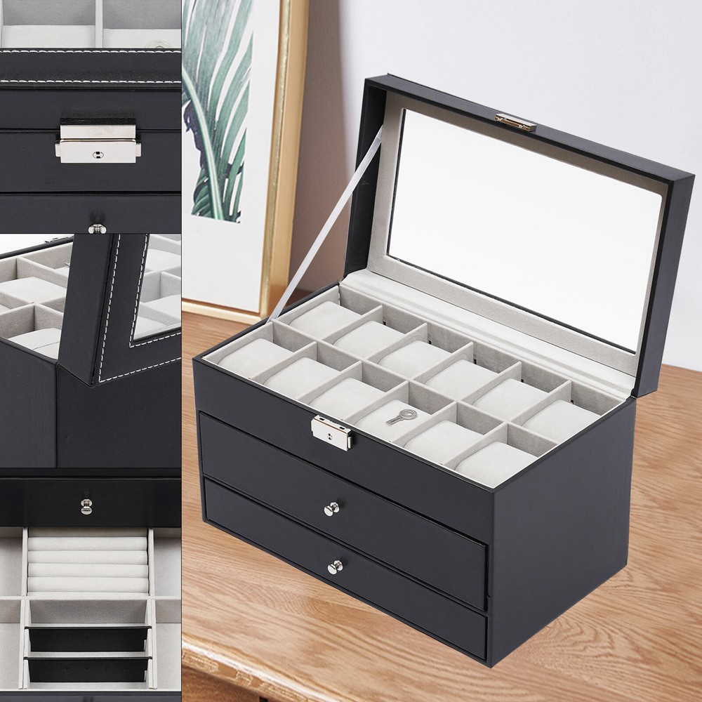 3-Layer Lockable Watch Jewelry Sunglass Storage Case with 25 Slots & Metal Lock