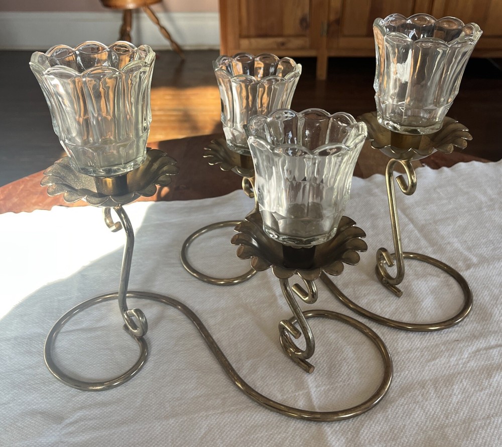 SET OF 2 DOUBLE CANDLE HOLDER HOME INTERIOR MCM Metal S-Shape Base GLASS VOTIVE