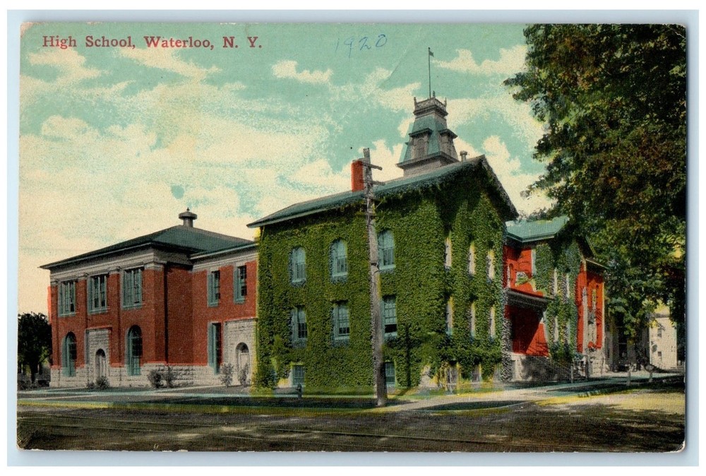 c1910's High School Campus Building Dirt Road Railway Waterloo New York Postcard