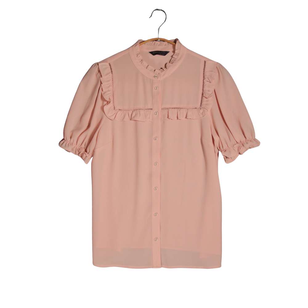 Marks & Spencer Blouse Size UK 12 Dusky Pink Puff Sleeve Ruffled Yoke Romantic