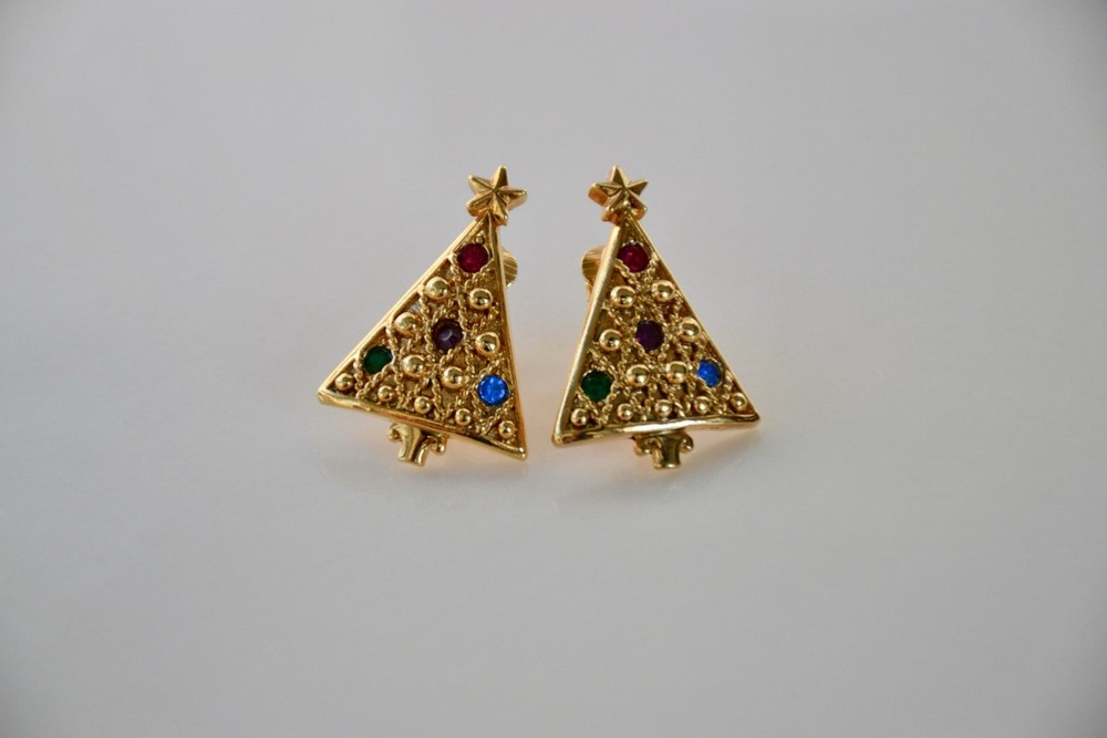 Vintage Avon Gold Tone Rhinestone Christmas Tree Clip on Earrings 1992