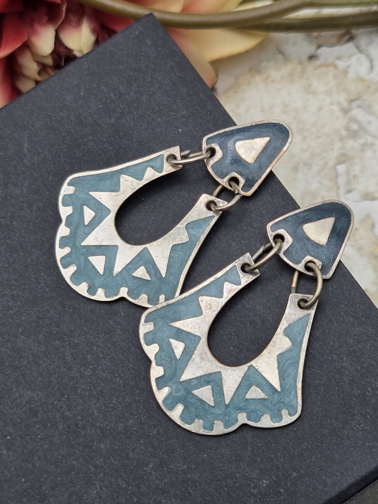 Vintage Alpaca Mexican Silver Abalone Earrings Pierced Blue Green Scalloped Edge