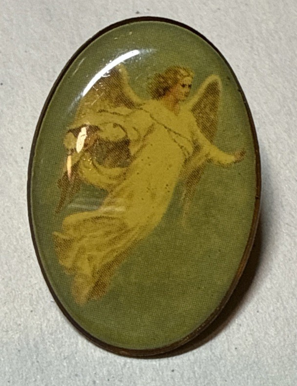 Vintage Angel Cherub Glass Cabochon Brooch Gold Tone Religious Art Pin