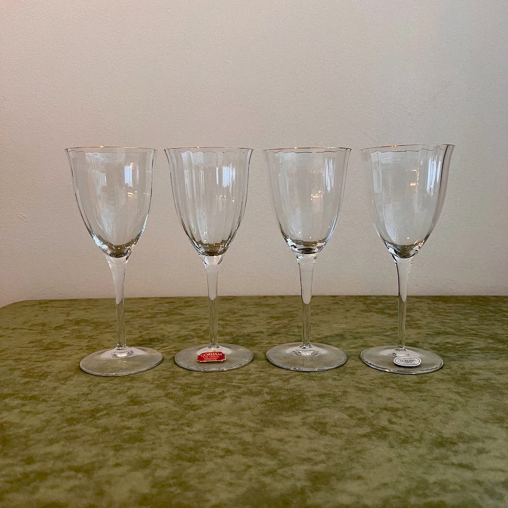 Gorham Laurin Crystal Gold Rim Wine Glasses Ribbed  Vintage Set Of 4