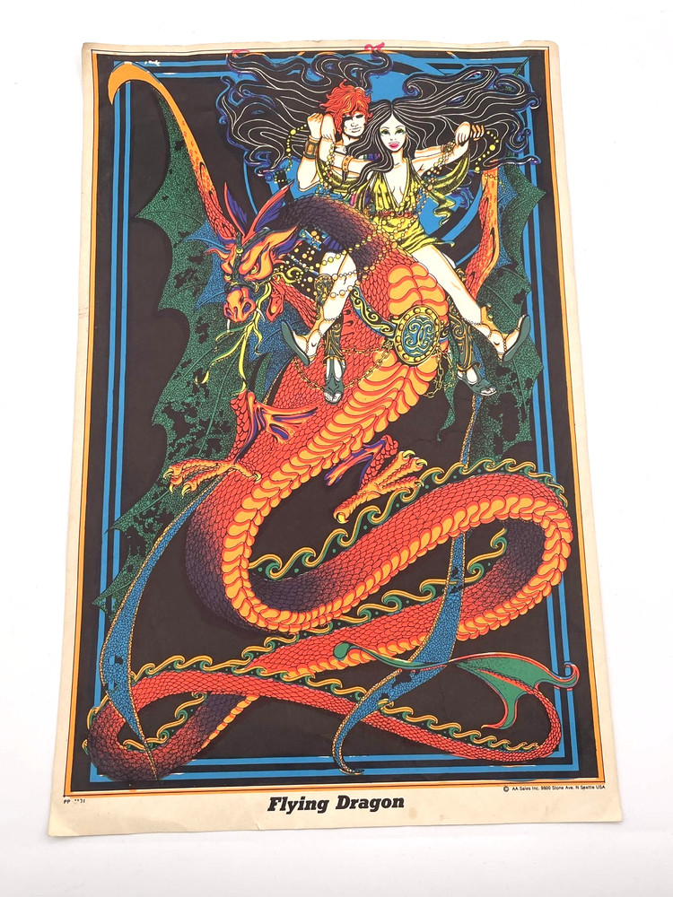 Vintage Black Light Poster Flying Dragon 1970's AA Sales Seattle 17