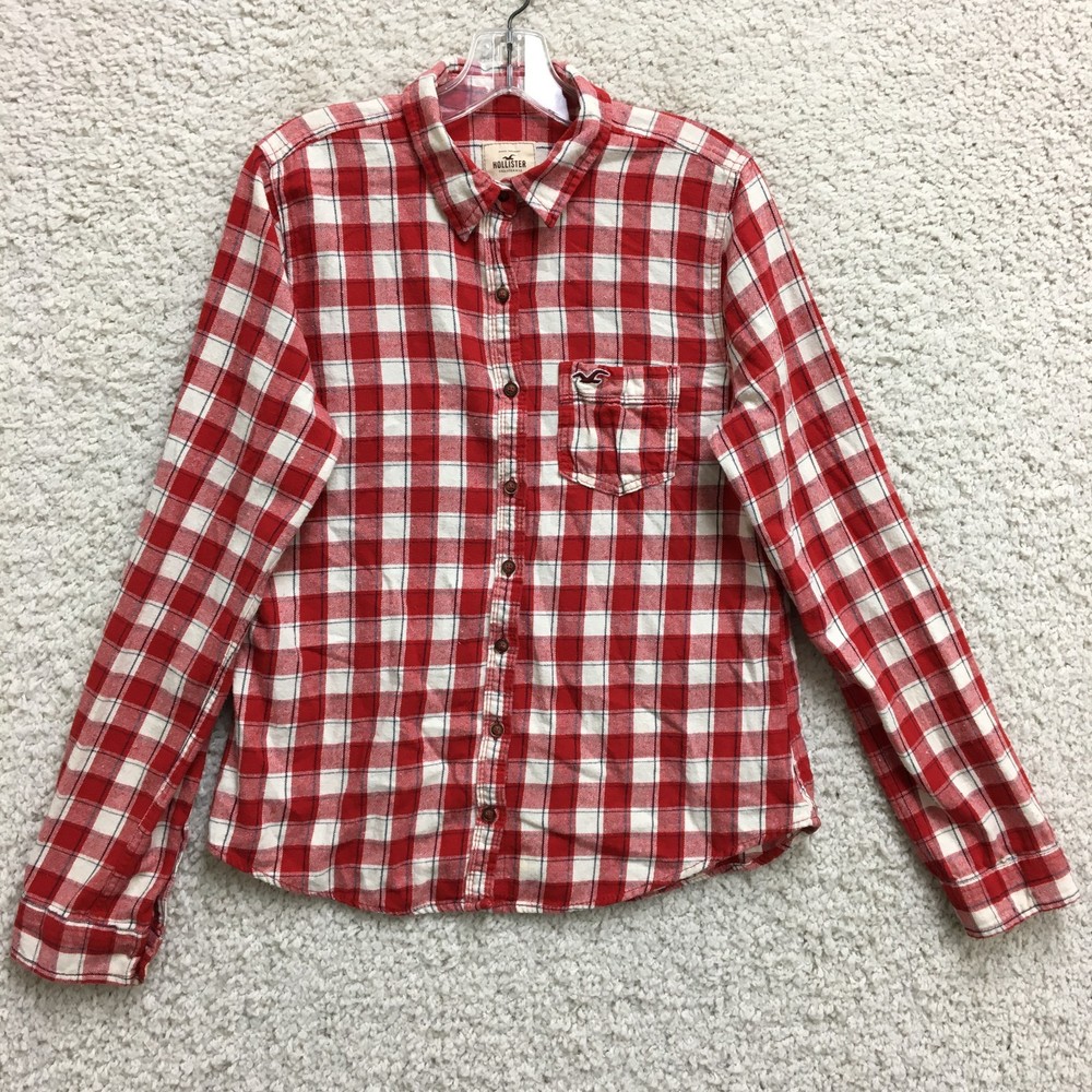 Hollister Top Shirt Large Adult Red Plaid Button Up Long Sleeve Pocket Womens L