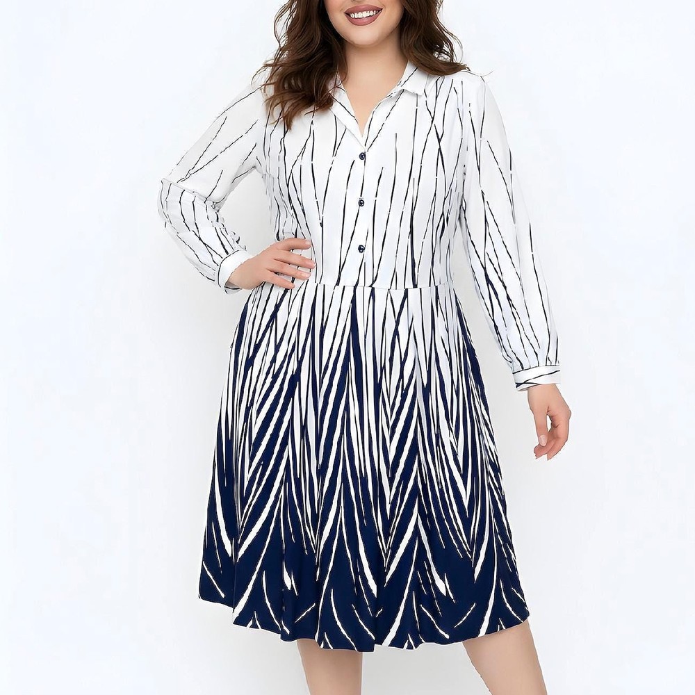 Vintage Leona Finland Midi Shirt Dress, Abstract Graphic Pattern, Size C46 L-image