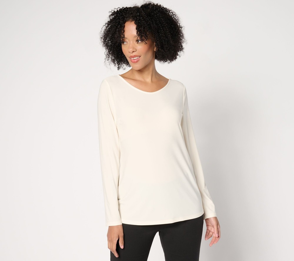 Dennis Basso Women's Top Sz L Italia Knit Voop Neckline White A672924