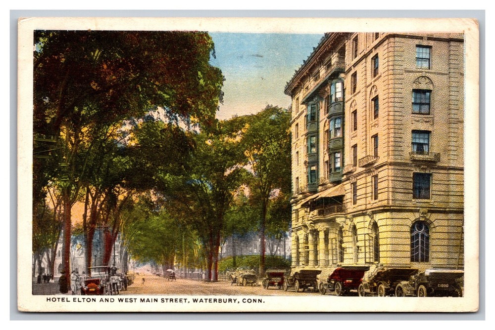 Waterbury CT Hotel Elton & West Main Street White Border Postcard Posted 1918