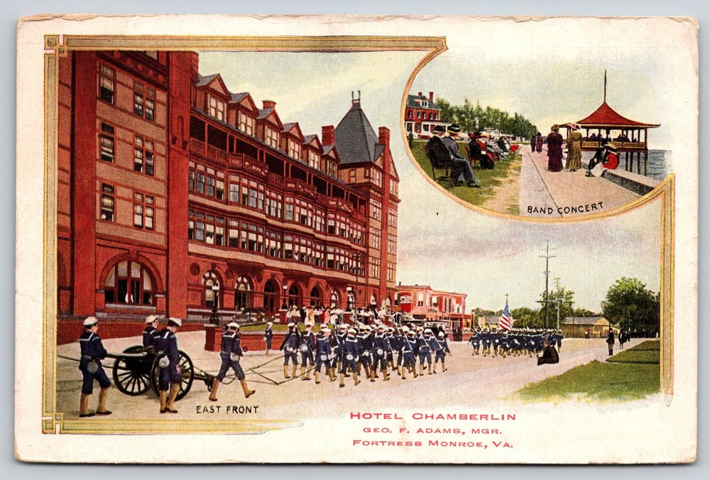 Fortress Monroe Virginia~Hotel Chamberlin~Soldiers~Band Concert~c1910 Postcard
