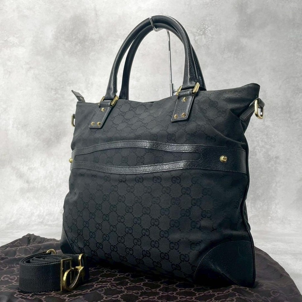 Gucci GG Logo Black Leather Canvas Two-Way Tote A4 Size