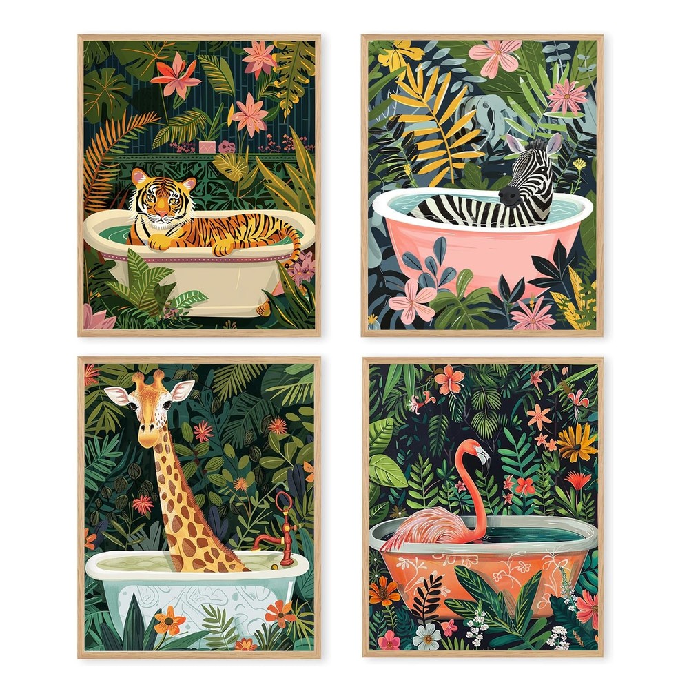 Funny Animal Bathroom Unframed Wall Art Prints,Colorful Bathroom Decor Poste