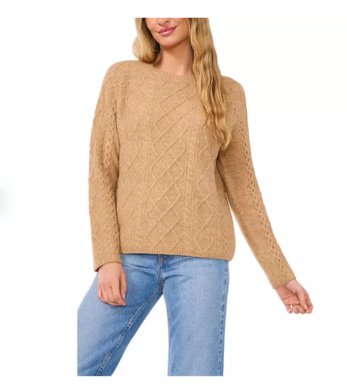 Vince Camuto Women's Warm Cozy Pullover Crew Neck Cable Sweater Latte Small