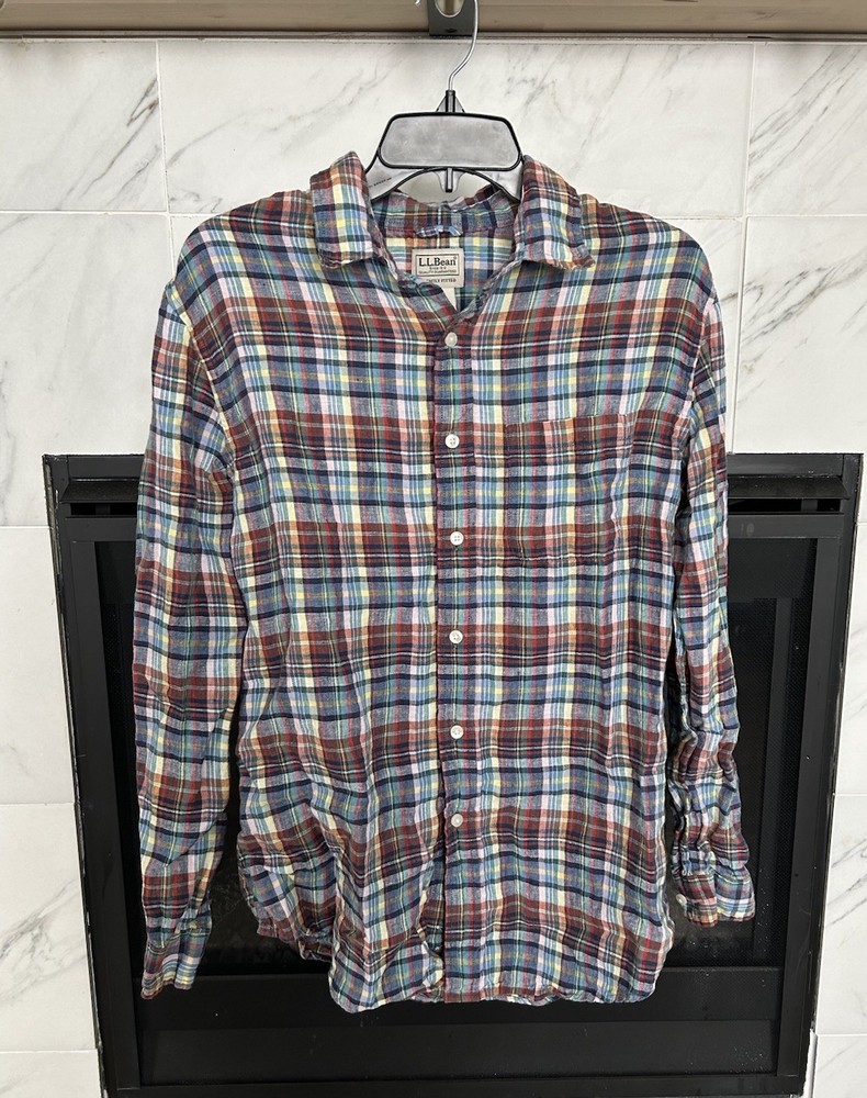 LL Bean Mens Medium Multicolored Plaid Long Sleeve Button Down Flannel Shirt