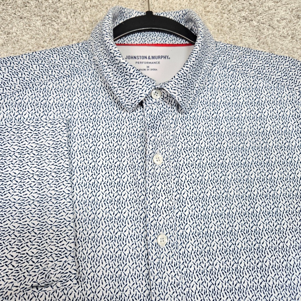 Johnston Murphy Shirt Mens Medium Short Sleeve All Over Print fish blue stretch