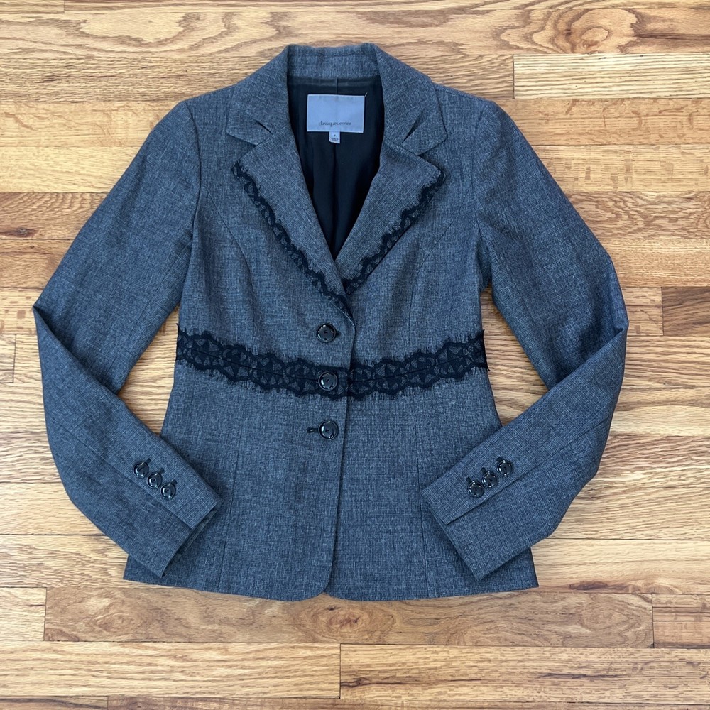 Classiques Entier Lace Trim Gray Blazer Jacket Sz 0