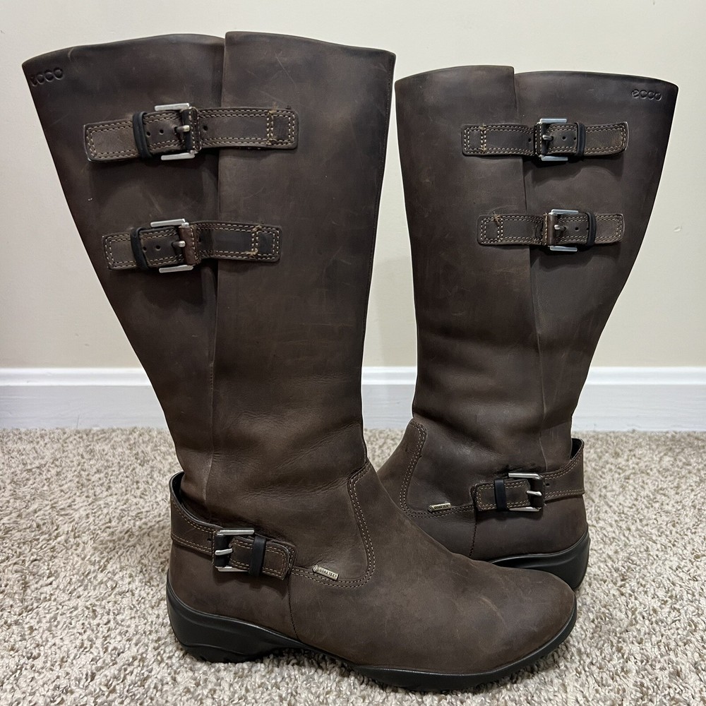 ECCO Nubuck Leather Boots Goretex Side Zip Buckle Details Sz 38 US 7/7.5