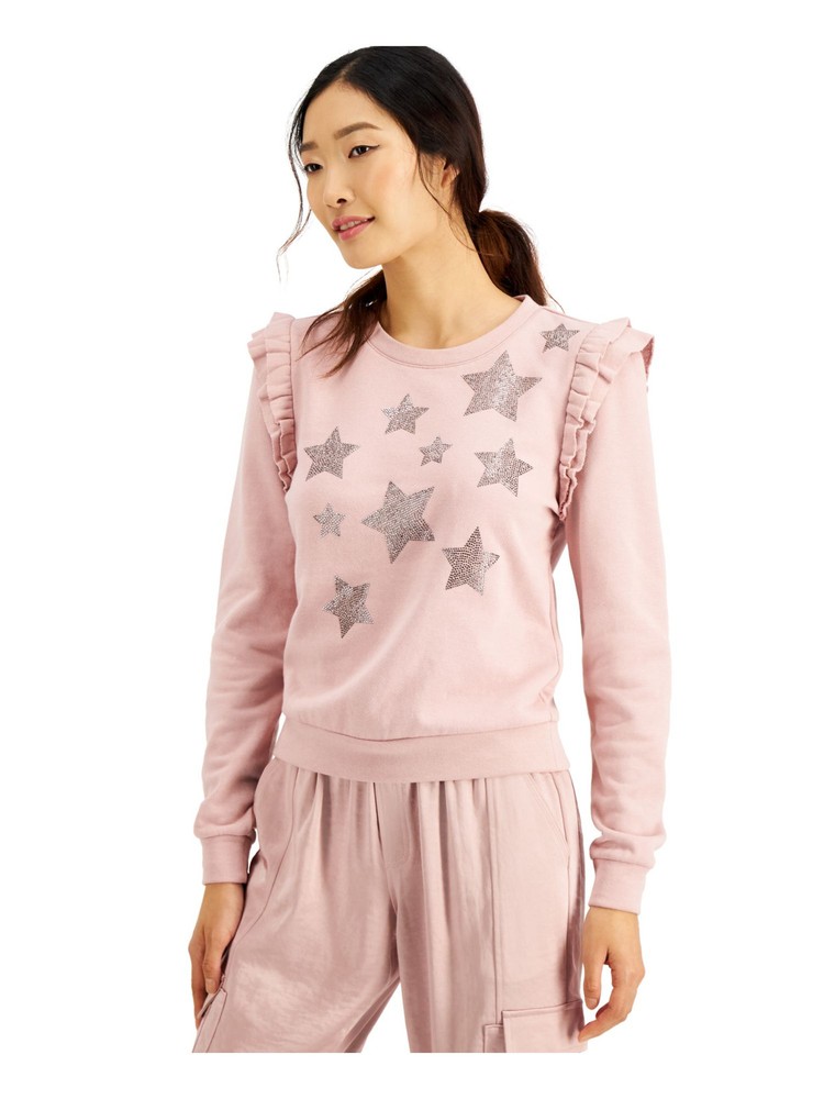 INC Women's Pink Ruffled Embroidered Printed Sweatshirt Size Small