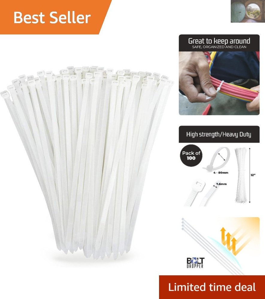 Self-Locking 12-Inch Heavy Duty Zip Ties 100-Pack for Indoor Outdoor Use